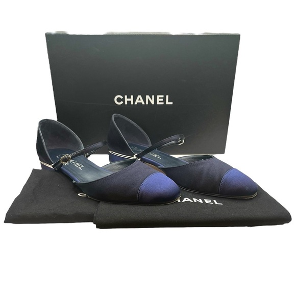 CHANEL Satin Mary Jane Flats CC Logo Navy Blue Size 38.5EU / 8.5US - Picture 2 of 16